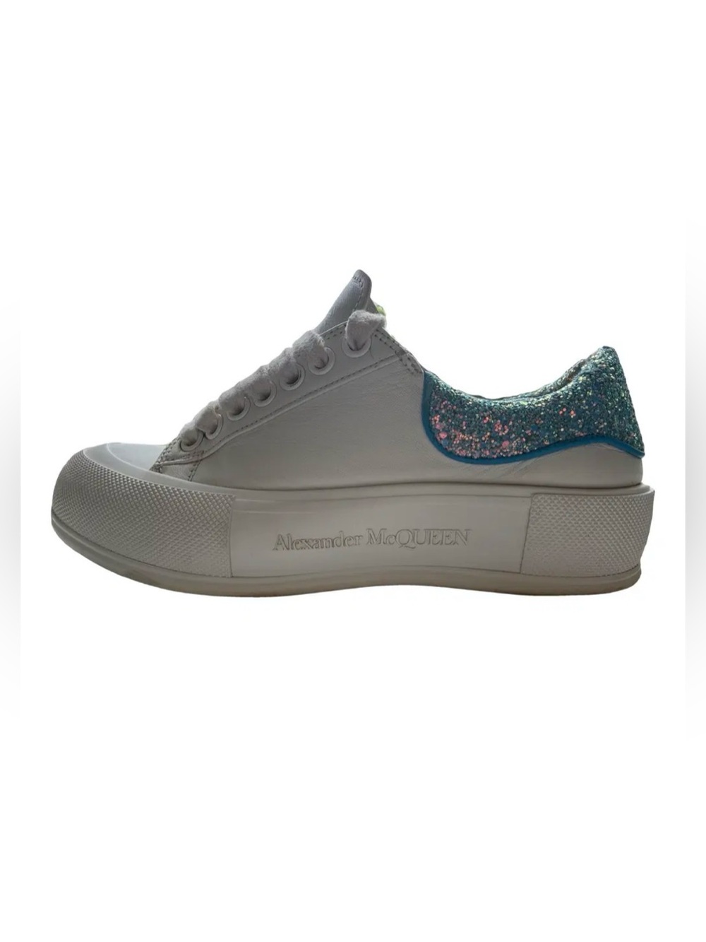 Alexander McQueen Sneakers White Leather with Iridescent Blue Glitter Heel